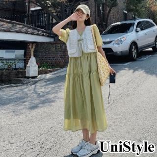 UniStyle 假兩件短袖洋裝 韓系清新蕾絲背心設計連身裙 女 ZM266-3311(白撞綠) 推薦  UniStyle