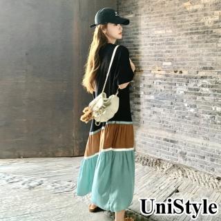 UniStyle 顯瘦短袖洋裝 韓系撞色拼接連身裙 女 ZM185-2402(拼色連衣裙)好評推薦  UniStyle