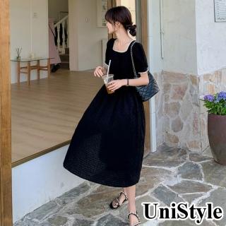 UniStyle 方領短袖洋裝 韓系法式赫本風小黑裙連身裙 女 ZM131-5969(黑)  UniStyle