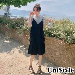 UniStyle 假兩件短袖洋裝 韓系T恤拼接蛋糕裙連身裙 女 ZM092A-7037(黑)  UniStyle