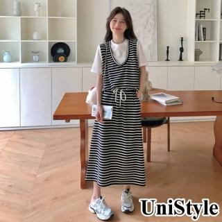 UniStyle 2件套裝假兩件短袖恤條紋半身裙 韓系活力減齡風 女 ZMC028-0019(條紋套裝)優惠推薦  UniStyle