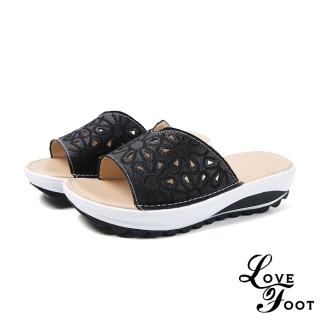 LOVE FOOT 樂芙 真皮細緻繡線花朵縷空造型厚底拖鞋(黑)  LOVE FOOT 樂芙