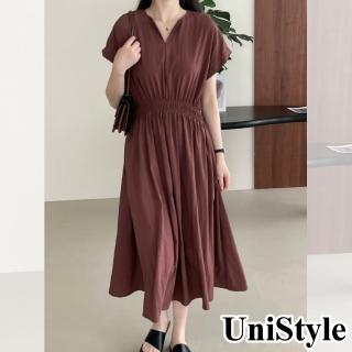 UniStyle 收腰短袖洋裝 韓版V領顯瘦連身裙 女 WT2577(酒紅咖)  UniStyle