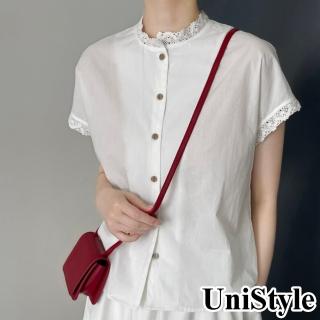 UniStyle 日系短袖襯衫 韓版蕾絲拼接純色顯瘦上衣 女 WT2571(白) 推薦  UniStyle