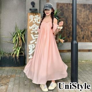 UniStyle 天絲短袖洋裝 韓系一字肩泡泡袖連身裙 女 ZM305-9947(粉)  UniStyle