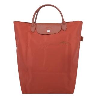 LONGCHAMP LE PLIAGE GREEN系列刺繡短把再生尼龍手提包(中/栗子紅)  LONGCHAMP