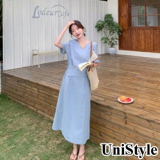 UniStyle 簡約短袖洋裝 韓系V領輕熟風高級感連身裙 女 ZM115-H910(藍)折扣推薦  UniStyle