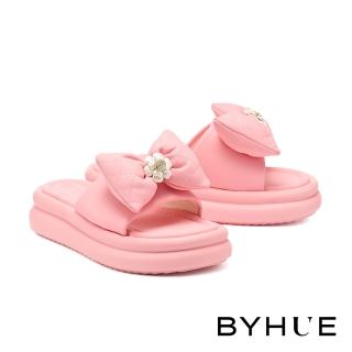 BYHUE 可愛少女感珍珠花蝴蝶結皮革軟芯厚底拖鞋(粉)好評推薦  BYHUE