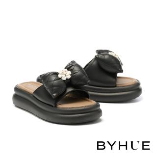 BYHUE 可愛少女感珍珠花蝴蝶結皮革軟芯厚底拖鞋(黑)評價推薦  BYHUE