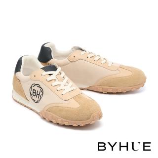 BYHUE BYHUE 美式懷舊LOGO電繡綁帶軟芯厚底休閒鞋(杏)  BYHUE