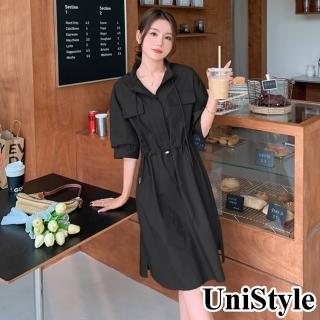 UniStyle 工裝五分袖洋裝 韓系顯瘦收腰連身裙 女 ZM111-955(黑)  UniStyle