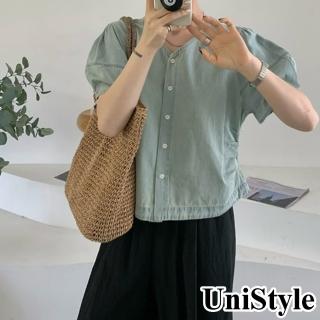 UniStyle 牛仔短袖襯衫 韓版V領泡泡袖上衣 女 UP599(藍)  UniStyle