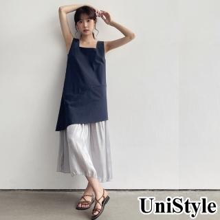 UniStyle 無袖洋裝 韓版方領下擺拼接紗襬背心裙連身裙 女 EAN070A(牛仔藍)  UniStyle