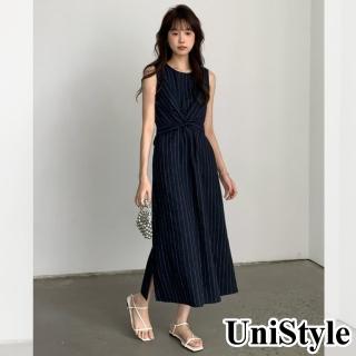 UniStyle 條紋無袖洋裝 韓版交叉系帶連身裙 女 EAN053B(藏青)  UniStyle