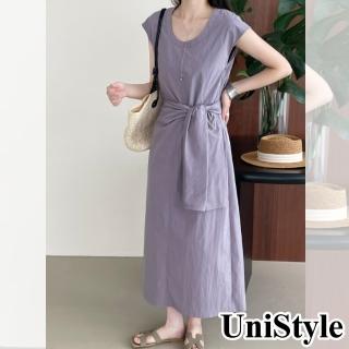 UniStyle 純色短袖洋裝 韓版收腰綁帶連身裙 女 WT2581(香芋紫)  UniStyle