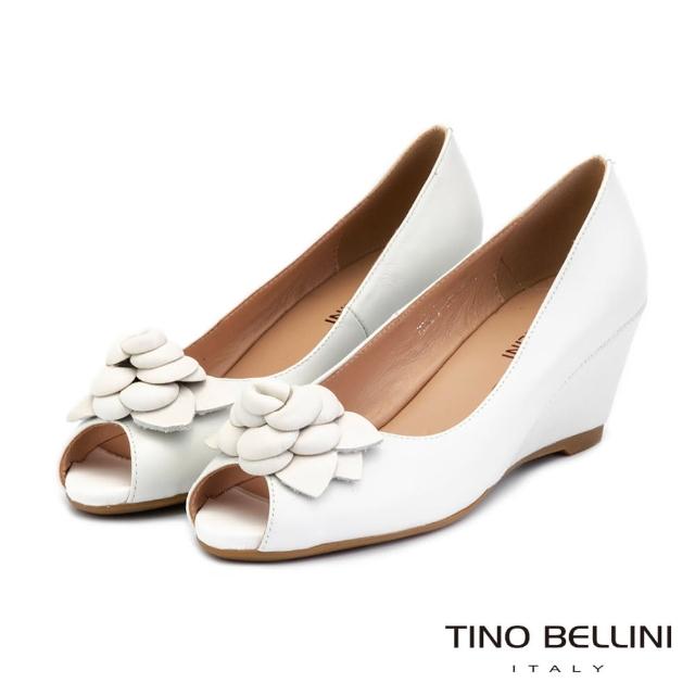 Tino Bellini 貝里尼 立體皮革花飾全真皮魚口楔型鞋tf9079 米白 Momo購物網
