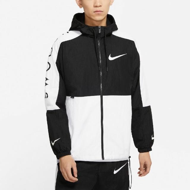 NIKE 耐吉【NIKE 耐吉】外套 Swoosh Jacket Woven 男款 NSW 連帽 大勾勾 防風 風衣外套 黑 白(DJ4131-010)