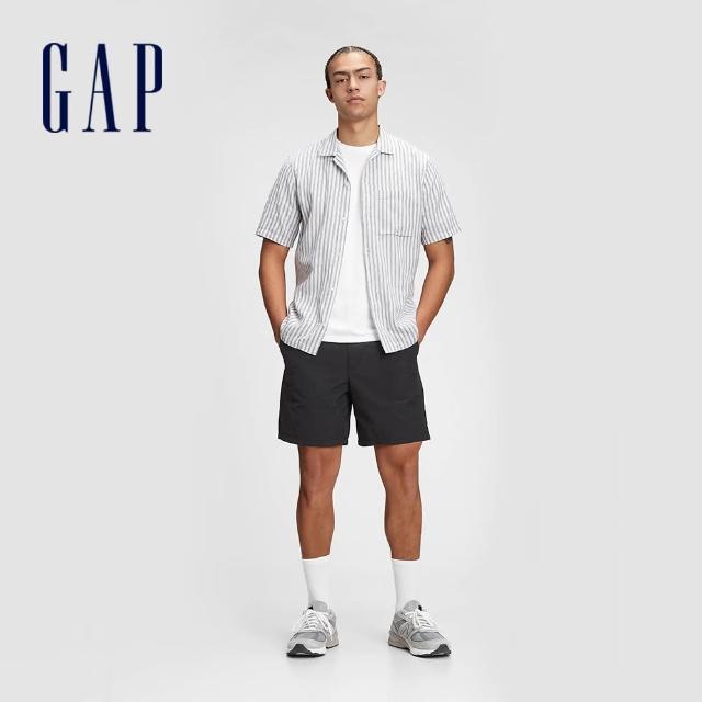 GAP【GAP】男裝 亞麻混紡印花短袖襯衫(778182-白底條紋)