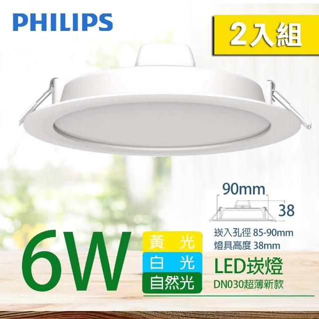 【Philips 飛利浦】LED薄型崁燈 6W 白光 6500K DN030B 9cm(2入組)