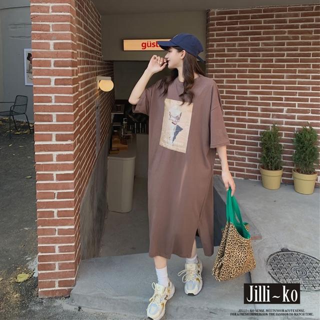 【JILLI-KO】印花開衩棉質T恤連衣裙-F(咖)