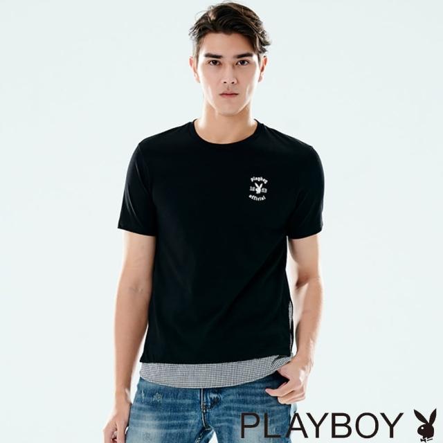 PLAYBOY【PLAYBOY】假兩件格紋T恤(黑色)