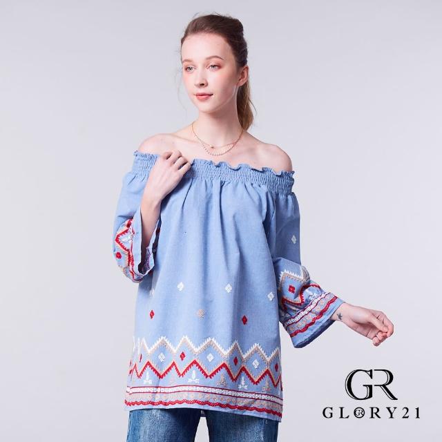 GLORY21【GLORY21】一字領小Aline版刺繡上衣(藍色)