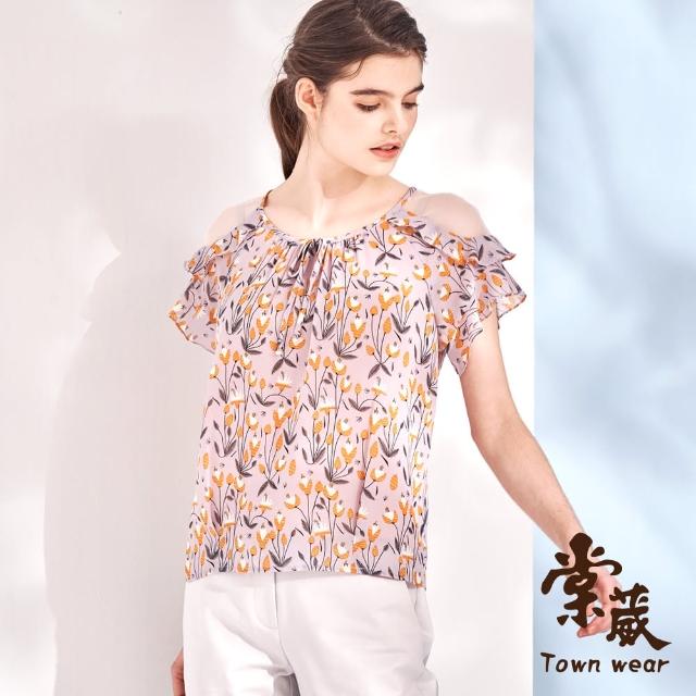 【TOWN’WEAR 棠葳】花卉網紗露肩雪紡上衣