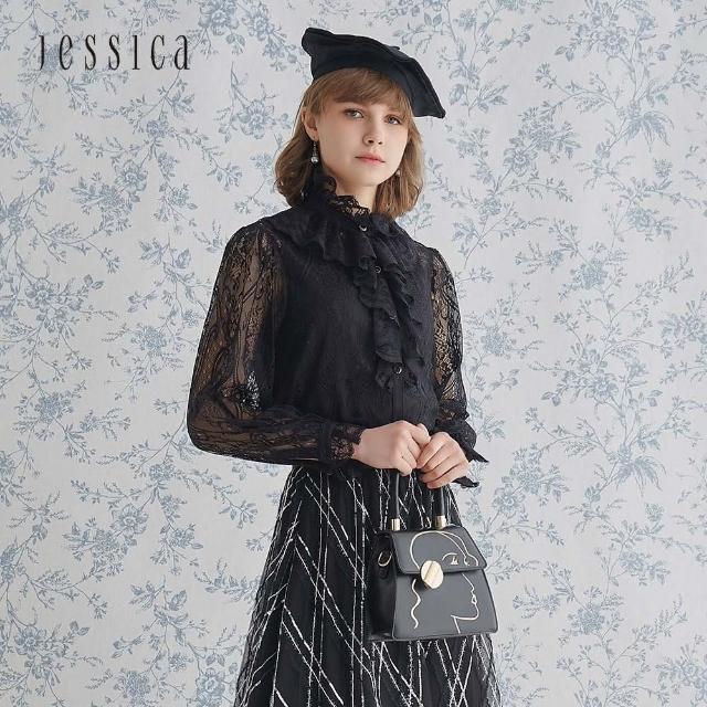 【JESSICA】柔美浪漫褶皺甜美百搭精緻蕾絲長袖襯衫（黑）