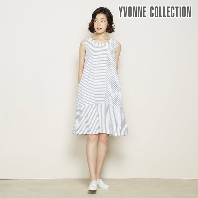 【Yvonne Collection】拼接條紋無袖洋裝(白)