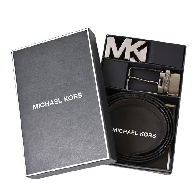 Michael Kors【Michael Kors】男款 小MK牛皮雙釦頭雙面用寬版皮帶禮盒-黑色/咖啡色