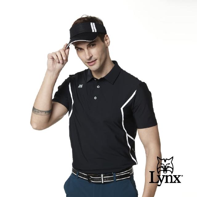 【Lynx Golf】korea 男款山貓網布剪裁設計短袖POLO衫(黑色)