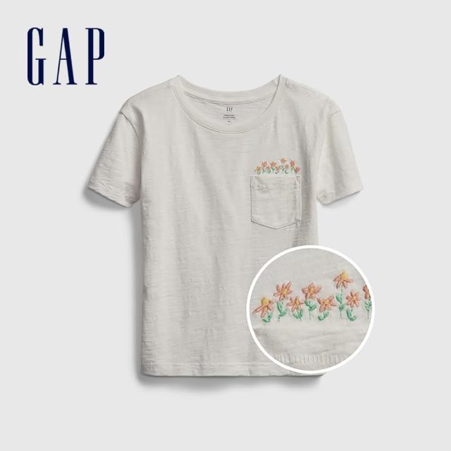 【GAP】女童 棉質口袋刺繡圓領短袖T恤(538278-白色)