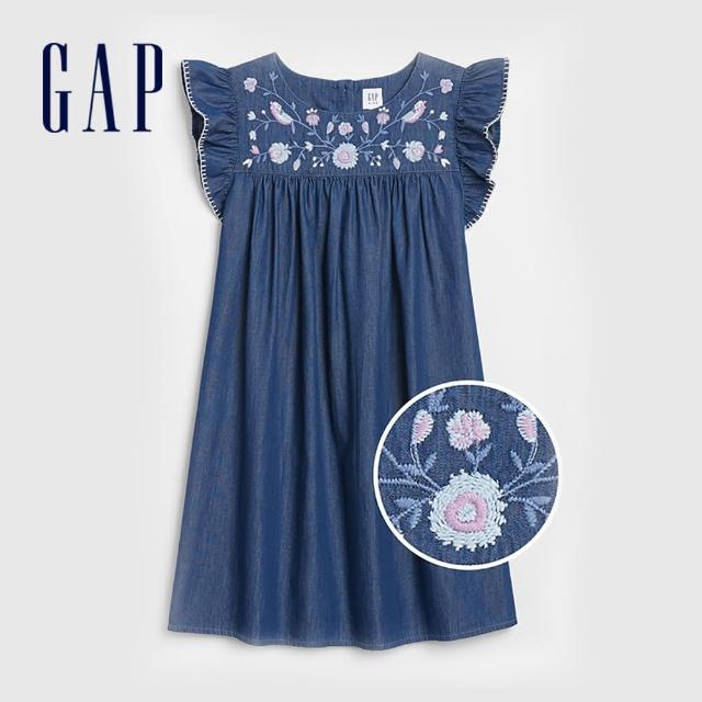 GAP【GAP】女童 復古刺繡花卉小飛袖洋裝(861304-水洗藍)