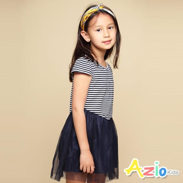 【Azio Kids 美國派】女童 洋裝 蝴蝶結貼鑽橫條紋網紗短袖洋裝(藍)