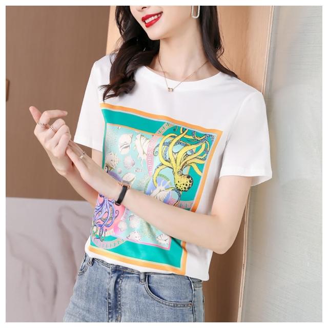 【ASister 小姊姊】仿蠶絲圖騰印花短袖上衣(2色 S-3XL)