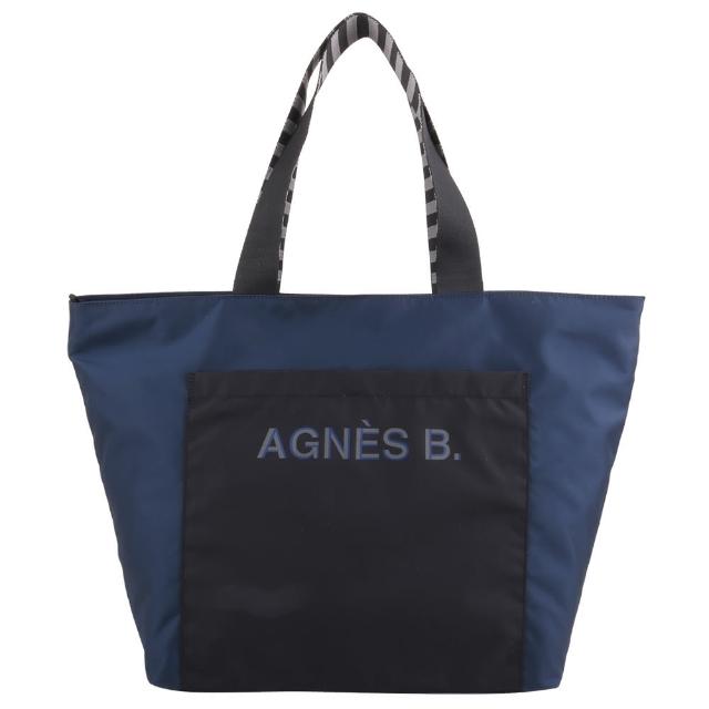agnes b.【agnes b.】素面尼龍拉鍊手提/肩背雙色托特包(藍x黑大)