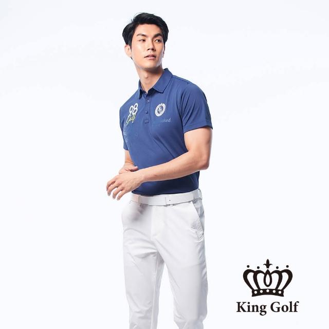 【KING GOLF】男款美式印花數字刺繡涼感素面短袖POLO衫(丈青)