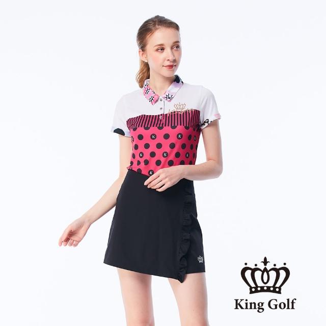 KING GOLF【KING GOLF】女款條紋圓圈印花LOGO印圖涼感短袖POLO衫(桃紅)