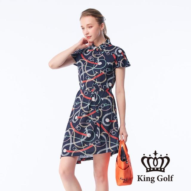 KING GOLF【KING GOLF】女款鎖鏈印花涼感收腰短袖連身裙(丈青)