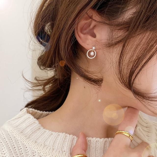 【Anpan】韓國東大門925銀針氣質鋯石珍珠環圈典雅耳環