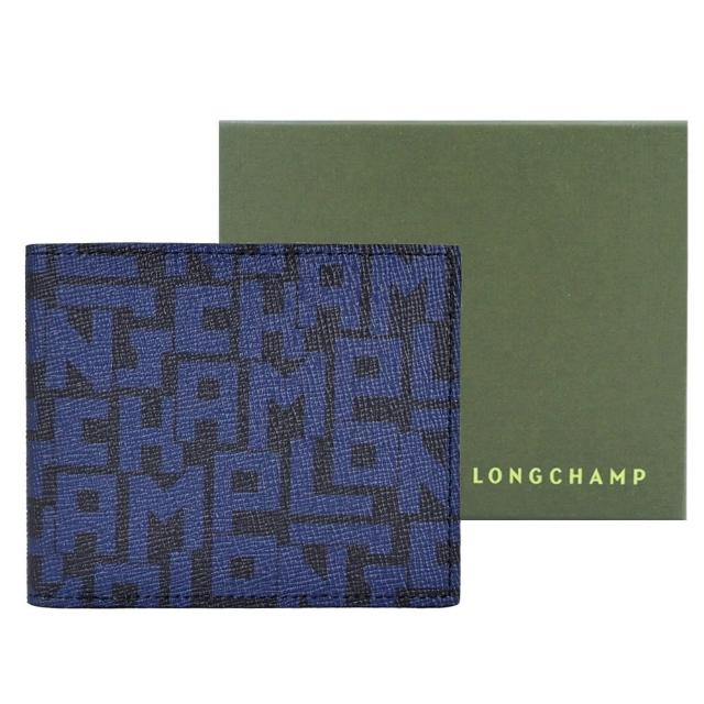 【LONGCHAMP】LE PLIAGE LGP系列滿版字母雙折短夾(黑X海軍藍)