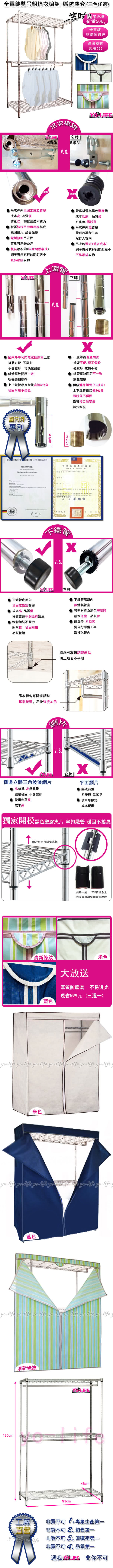 【yo-life】全電鍍雙吊衣粗桿衣櫥組-贈防塵套(三色任選-直紋or藍色or米色91X46X180cm)