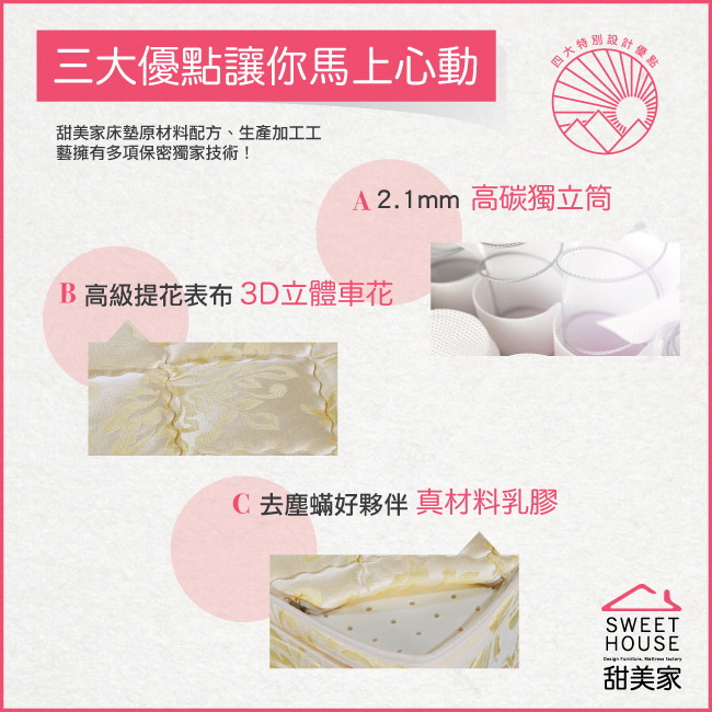 【甜美家】黃金緹花三線獨立筒乳膠床墊(單人3尺-送高級舒柔枕X1)