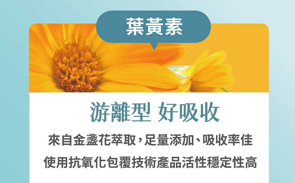 葉黃素 游離型好吸收 來自金盞花萃取,足量添加、吸收率佳 使用抗氧化包覆技術產品活性穩定性高