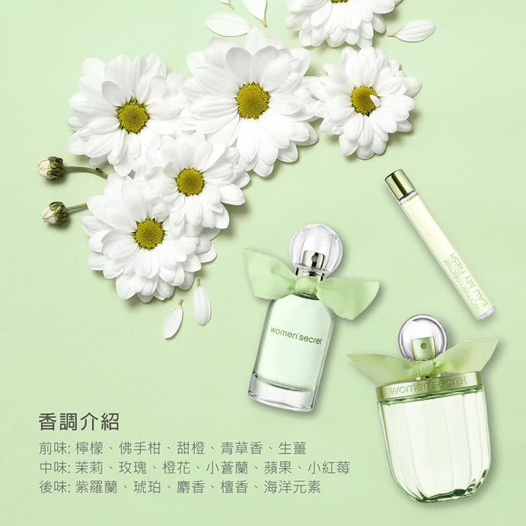 香調介紹 前味檸檬、佛手柑、甜橙、青草香、生薑 中味 茉莉、玫瑰、橙花、小蒼蘭、蘋果、小紅莓 後味 紫羅蘭、琥珀、麝香、檀香、海洋元素 