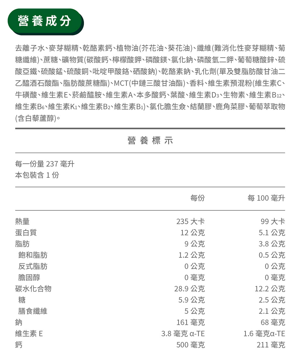 牛磺酸、維生素E、菸鹼醯胺、維生素A、本多酸鈣、葉酸、維生素D3、生物素、維生素B12、