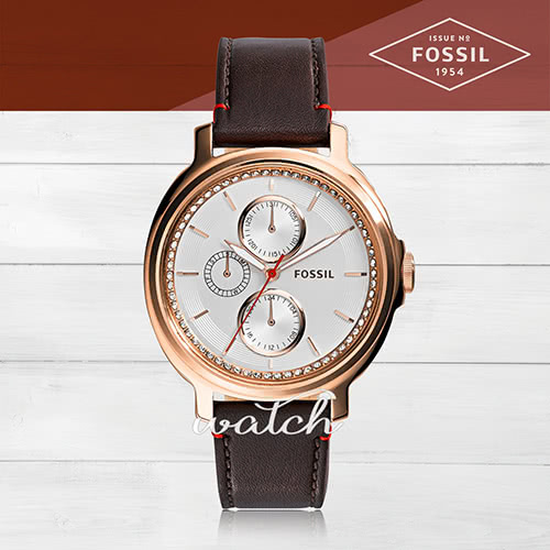 【FOSSIL】復古時尚_皮革錶帶_三眼顯示_指針女錶(ES3594)