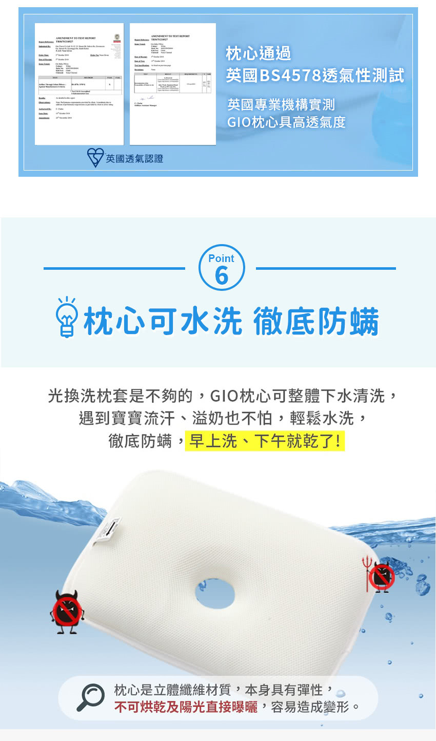 英國透氣認證   枕心通過英國BS4578透氣性測試英國專業機構實測GIO枕心具高透氣度Point6枕心可水洗 徹底防螨光換洗枕套是不夠的,GIO枕心可整體下水清洗,遇到寶寶流汗、溢奶也不怕,輕鬆水洗,徹底防螨,早上洗、下午就乾了!枕心是立體纖維材質,本身具有彈性,不可烘乾及陽光直接曝曬,容易造成變形。