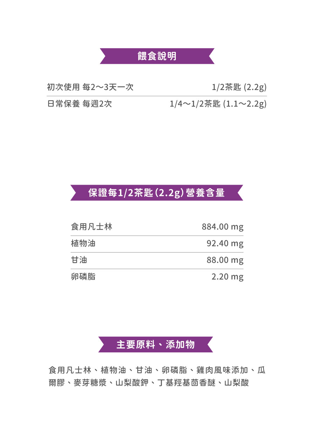 食用凡士林、植物油、甘油、卵磷脂、雞肉風味添加、瓜
