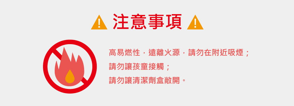 注意事項 A 高易燃性,遠離火源,請勿在附近吸煙 請勿讓孩童接觸 請勿讓清潔劑盒敞開。 